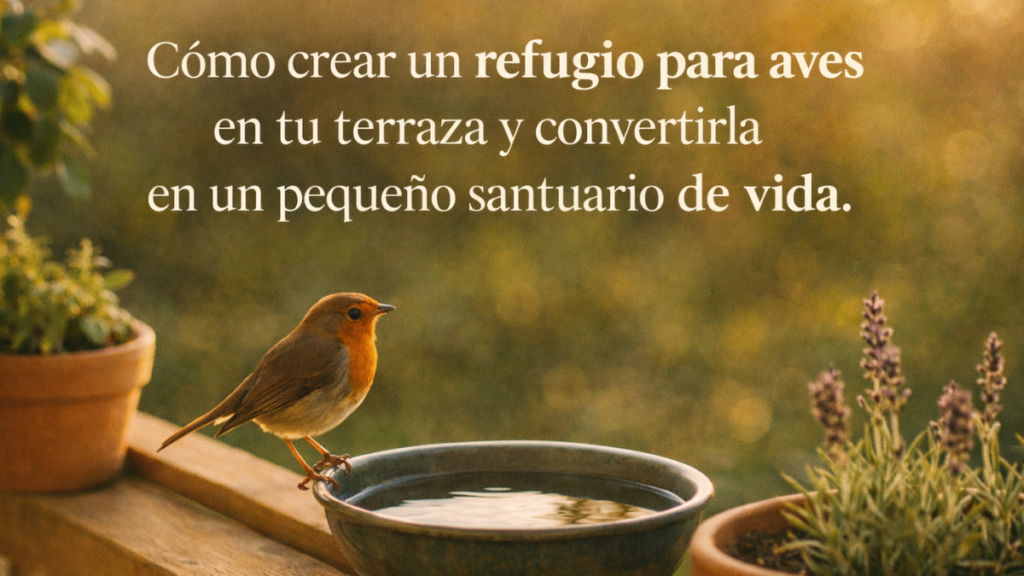 petirrojo junto a cuenco de agua y cartel de como crear un refugio para aves