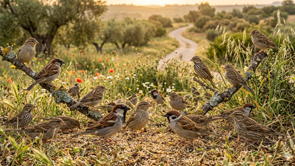 grupo de gorriones en el campo